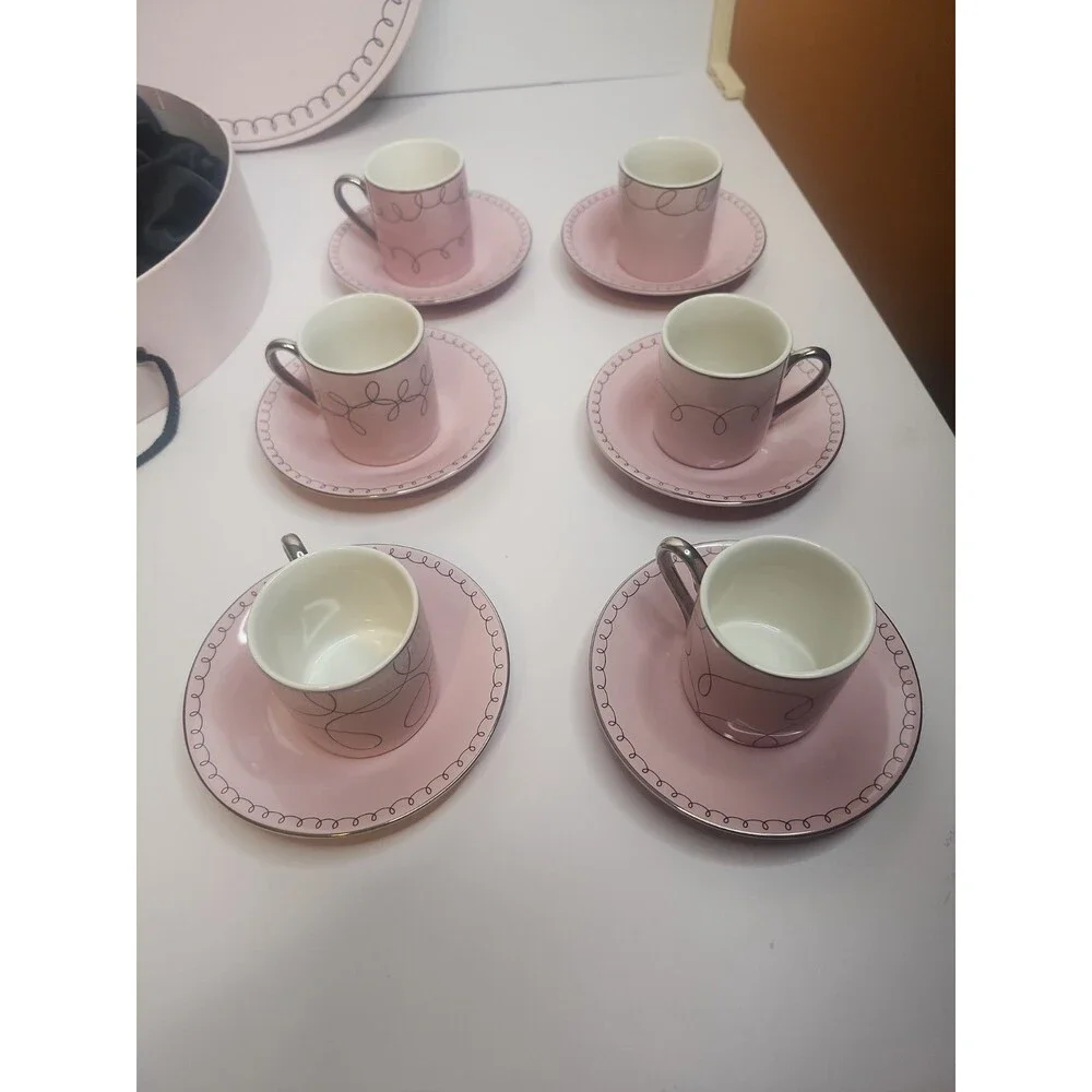 Classic Coffee & Tea Brand Set of 6 Small Cups And Saucers Pink With Silver NIB